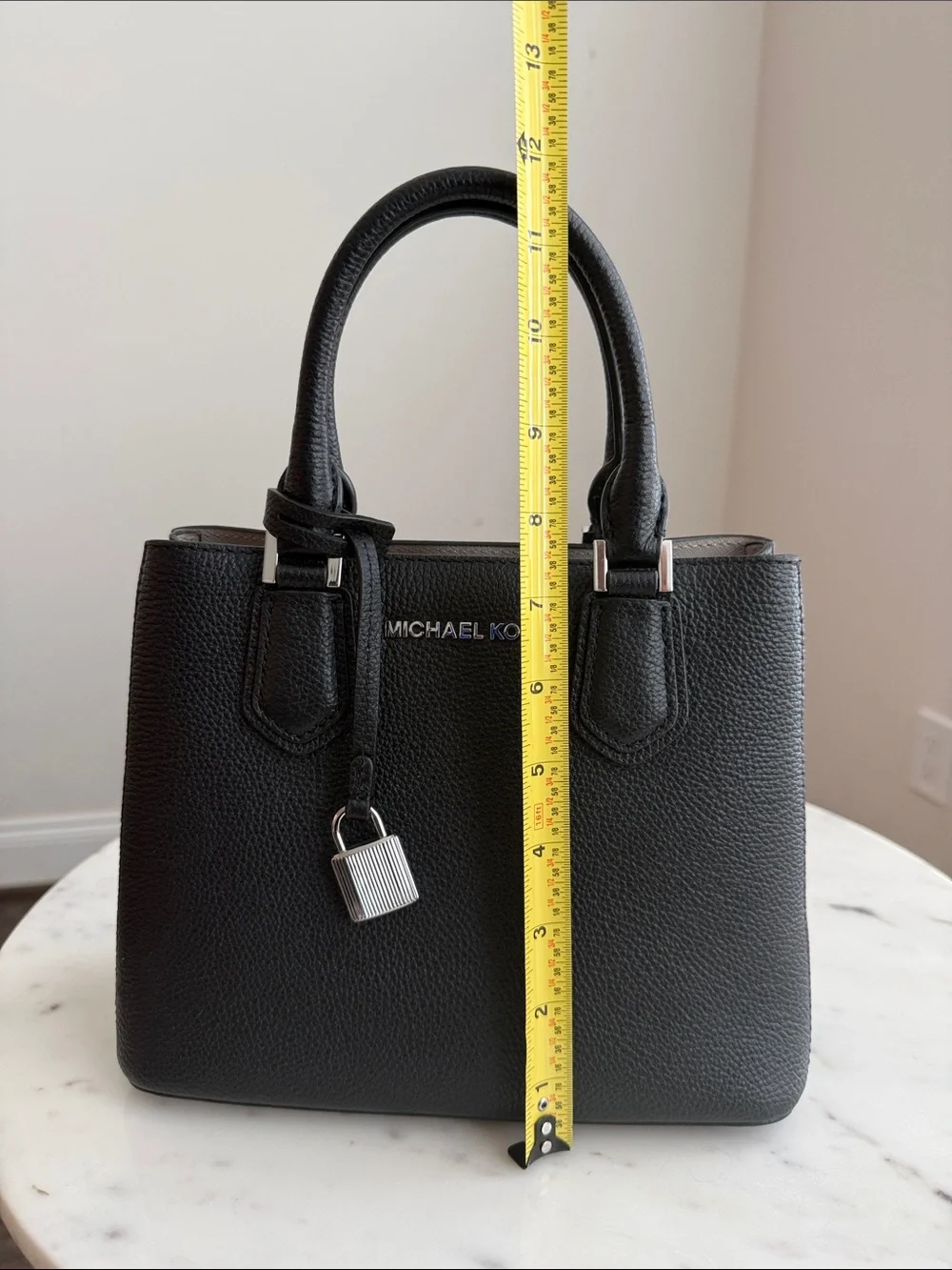 Michael Kors Adele Small Black Pebbled Leather Satchel with Lock Charm
